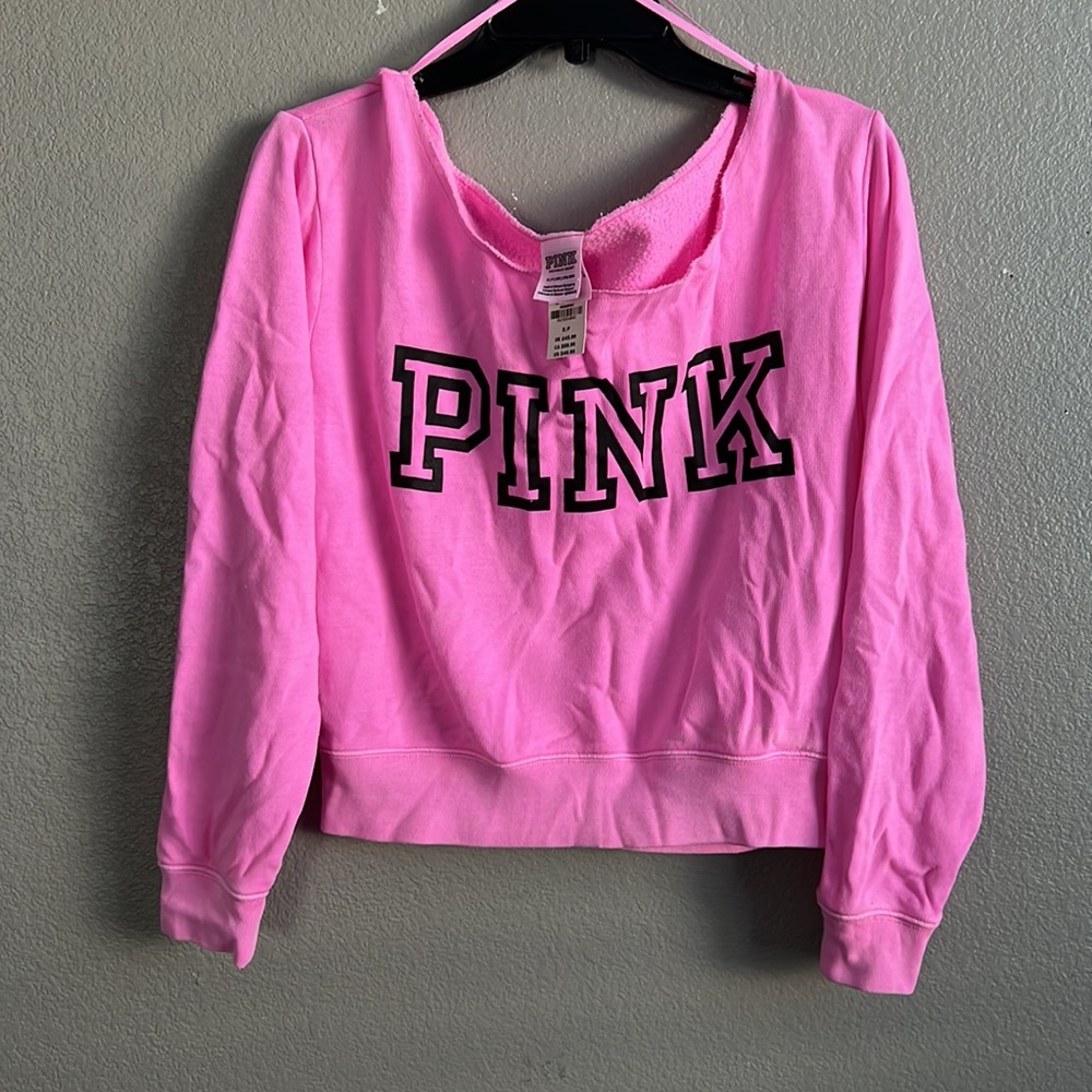 VS Pink hot pink off shoulder crop sweatshirt top